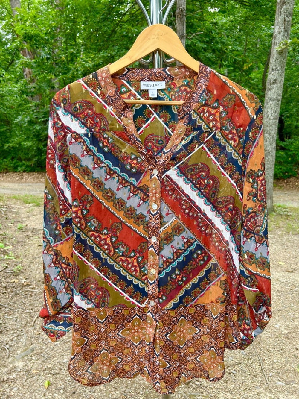 Westport Rust Multi-Pattern Button Front Blouse Boho - Picture 2 of 7